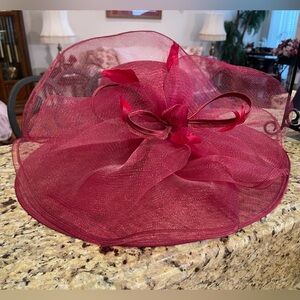 Burgundy Derby Style Wide-Brim Dress Hat with Decorative Bow